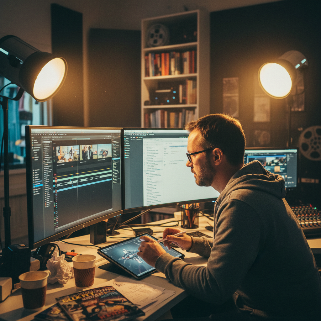 Stwórz zdjęcie scenarzysty video podczas pracy.

S