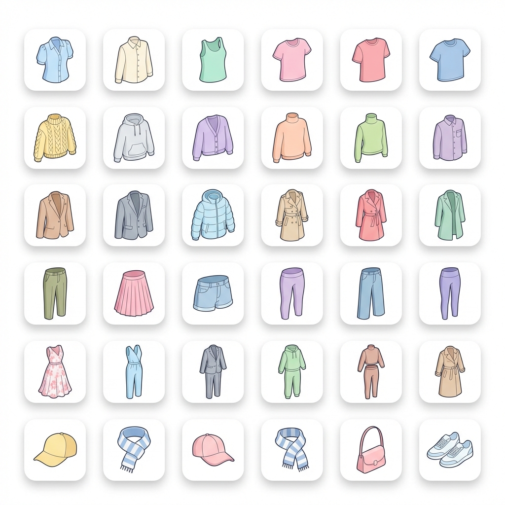 A set of 24 minimalist clothing icons in flat desi