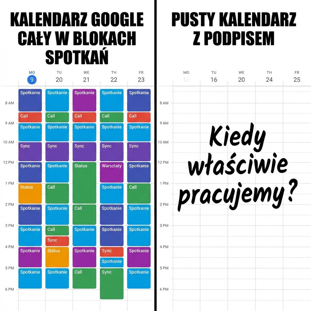 Mem — kalendarz Google cały w blokach spotkań vs. 